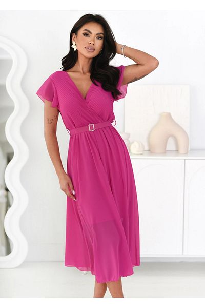 UniqueStore.ro Fuchsia midi dress with wrap neckline and waist belt - One size