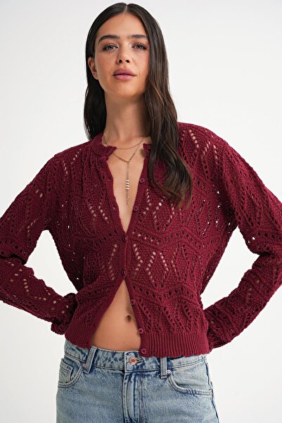 Mixray 6934 Women's Diamond Patterned Seasonal Openwork Cardigan Claret Red