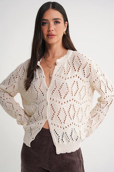 Mixray 6934 Women's Diamond Patterned Seasonal Openwork Cardigan Natural
