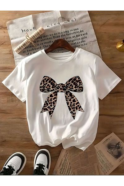 ELFAMİ Basic T-Shirt with Leopard Patterned Ribbon Detail