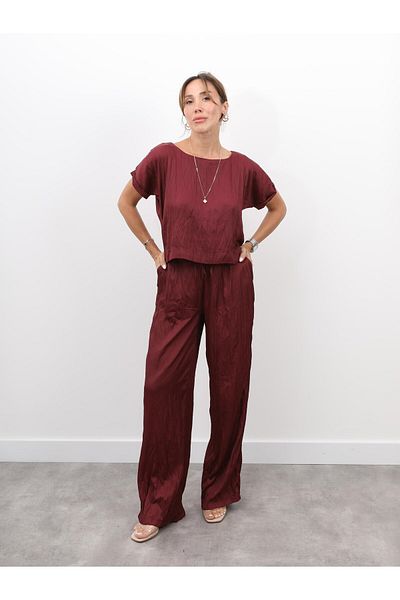 Maldia Shop Women's Crush Fabric Blouse Trousers Burgundy Suit