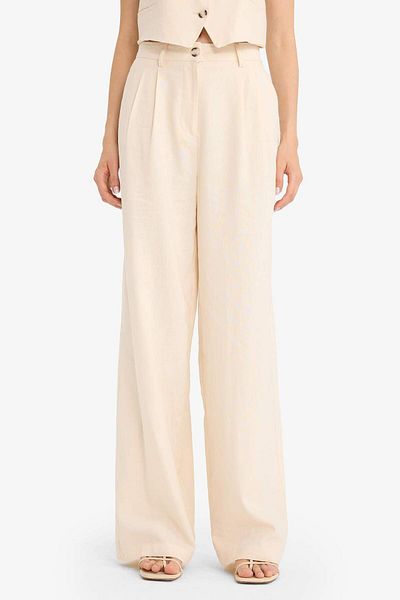 DeFacto Wide Leg Double Pocket High Waist Standard Length Linen Blend Pants E1986Ax25Sm