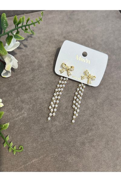 VİYA Steel Earrings with Gold Pearl and Ribbon Motif
