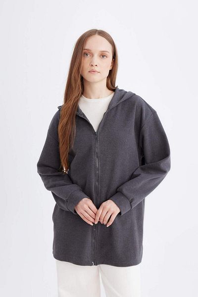 DeFacto Hooded Basic Plain Zipper Pocket Thessaloniki Fabric Long Knitwear Cardigan D6815Ax24Wn