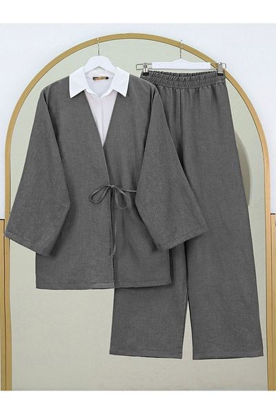 Modamorfo Kimono Suit with Tie Front Trousers - Anthracite
