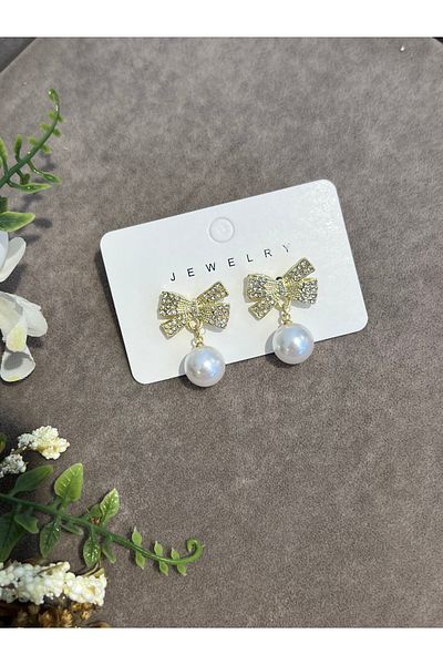 VİYA Steel Earrings with Gold Pearl and Ribbon Motif