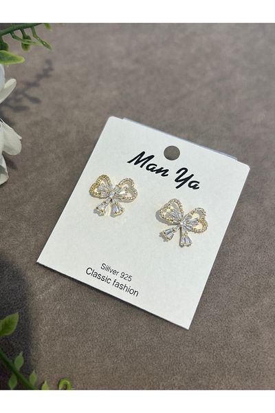 VİYA Steel Earrings with Gold Pearl and Ribbon Motif