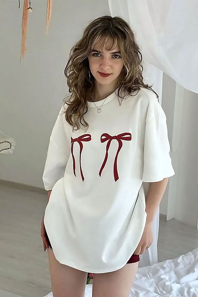 ELFAMİ Unisex Men/Women Ribbon Colorful Custom Printed Oversize Cotton Crew Neck T-Shirt T-Shirt