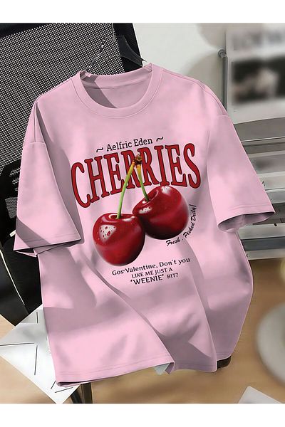 ELFAMİ Unisex Men/Women Cherries Custom Printed Oversize Cotton Crew Neck T-Shirt