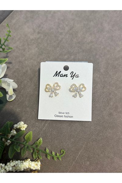 VİYA Steel Earrings with Gold Pearl and Ribbon Motif