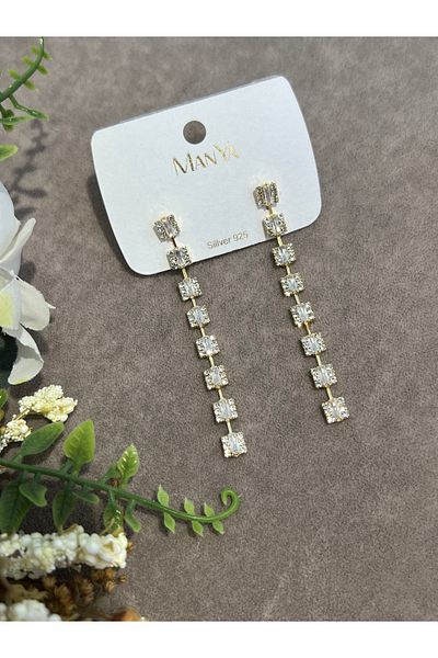 VİYA Gold Zircon Stone Dangle Steel Earrings