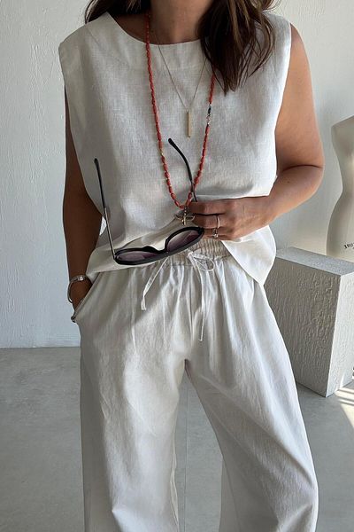 ELVAN TOLON Stone Color Wide Leg Trousers Blouse Set
