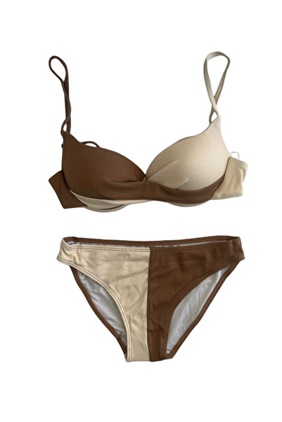 hazelin Women's Brown Cream Color Block Lined Bikini Set Hzl25S-Lc214