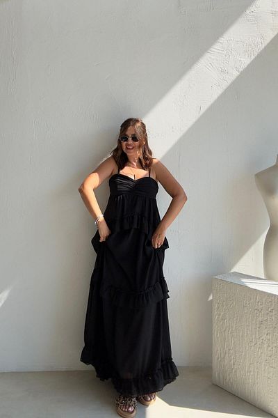 ELVAN TOLON Black Rope Strap Flounce Dress