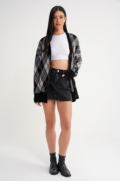 Mixray 6937 Women's Diamond Patterned Oversize Knitwear Cardigan Black