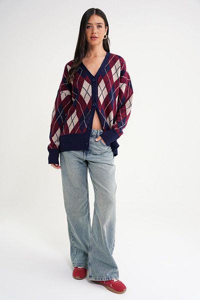 Mixray 6937 Women's Diamond Patterned Oversize Knitwear Cardigan Navy Blue