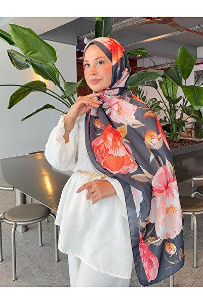 Mira İpek Retro Patterned Cotton Shawl Inspiration Series Dark Navy Orange Ps43