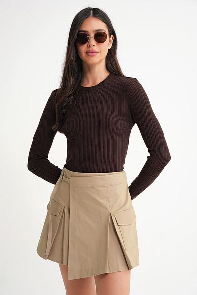 Mixray 6938 Women's Crew Neck Ribbed Knitwear Body Brown