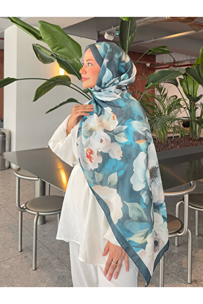 Mira İpek Retro Desenli Pamuk Şal İlham Serisi Turkuaz Beyaz Çiçek ps46