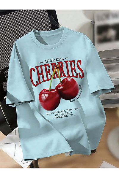 ELFAMİ Unisex Men/Women Cherries Custom Printed Oversize Cotton Crew Neck T-Shirt