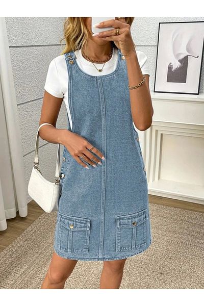 AKNButik Women's suspender round neck a-line pocket detailed denim dress