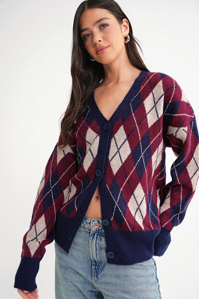 Mixray 6937 Жіночий оверсайз трикотажний кардиган з візерунком баклава, темно-синій