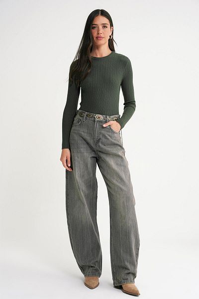 Mixray 6938 Women's Crew Neck Ribbed Knitwear Body Khaki