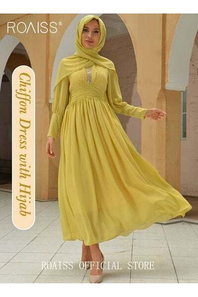ROAISS Ladies Dress Solid Color High-Rise Chiffon Waist Puff Sleeve Long Sleeve Crew Neck Abaya Dress