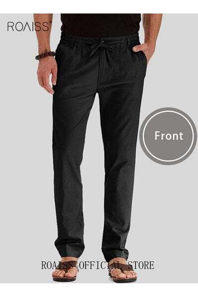 ROAISS Men's Casual Solid Color Pants Cotton Versatile Business Trousers Soft Mid-Rise Straight Long Pants
