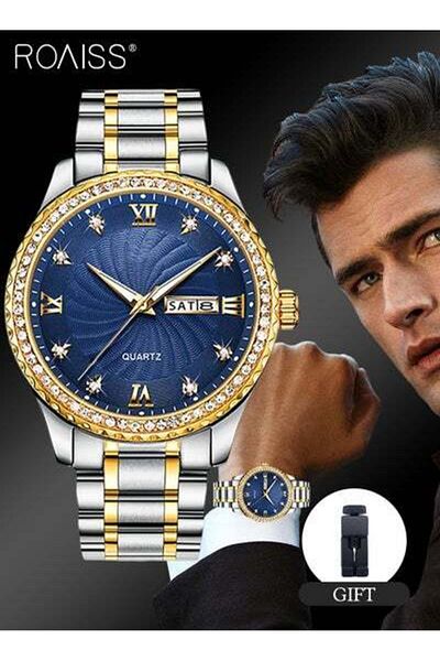 ROAISS Men's Stainless Steel Strap Quartz Watch Analog Display Round Blue Dial Wristwatch