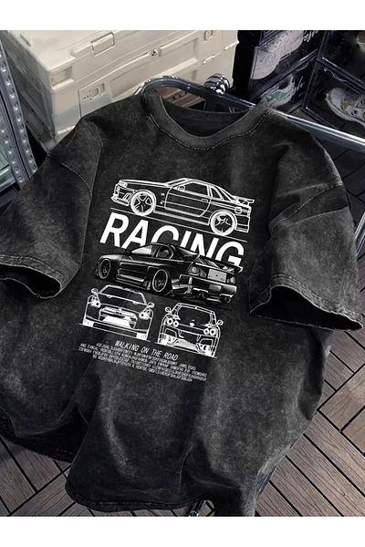 Touz Moda Racing Εκτυπωμένο Πλύσιμο Vintage Unisex Oversize T-Shirt