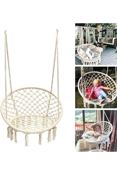 Türkiye Hammock Chair, Hanging Swing with Macrame and Cushion, Max 330 Lbs, Beige Hanging Cotton Rope Chair