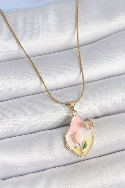 Clariss 316L Steel Gold Color Chain Drop Mix Color Flower Embroidered Butterfly Detail Portrait Model Women's Necklace