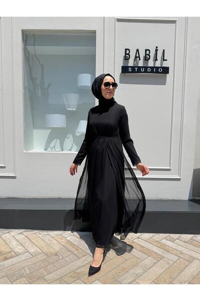 TERZİ DÜKKANI Td4104 Women's Textured Dress with Elastic Waist Black