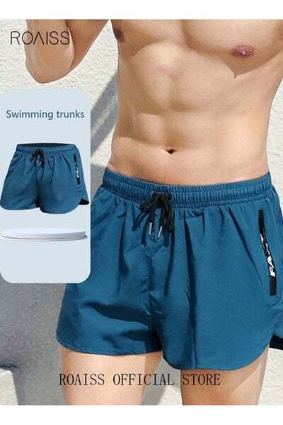 ROAISS Men's Swimming Trunks Beachwear Quick Dry Double Layer Beach Pants Gym Wear Fitness Workout