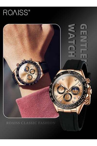 ROAISS Silicone Strap Chronograph Quartz Watches for Men Round Rose Gold Dial with Moon Phase