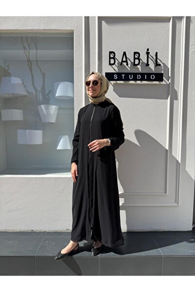 Almarwah Black Şifon Fermuar Detaylı Kadın Kap Siyah