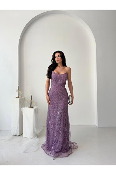 Serica Moda Lilac Beaded Sequined Strapless Evening Dress
