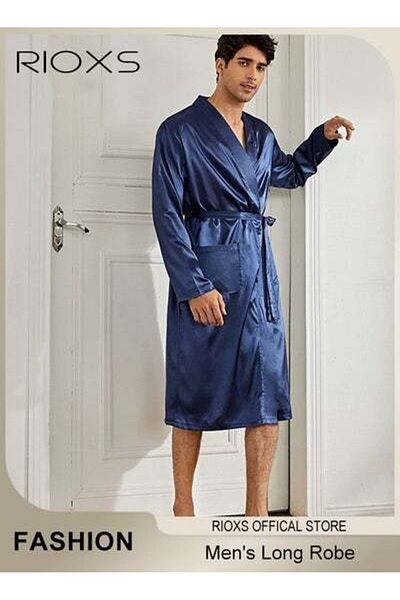 RIOXS Mens Long Robe,Comfortable Silky Satin Sleepwear,Long Sleeve Belted Robe For Men,Soft Pajamas