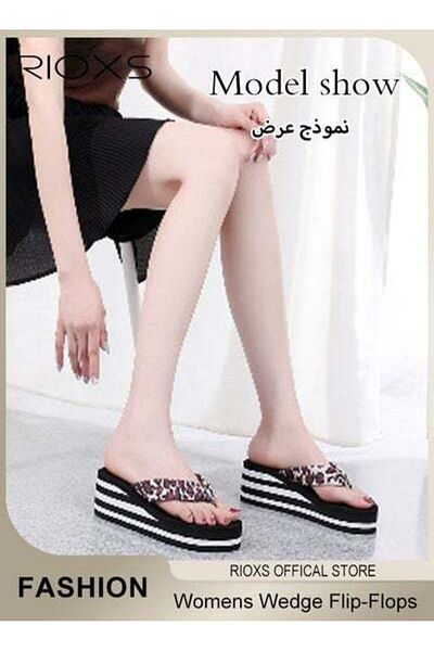 RIOXS Women's Leopard Wedge Flip-Flops Casual High Platform Non-Slip Sandals For Indoor Or Outdoor Use