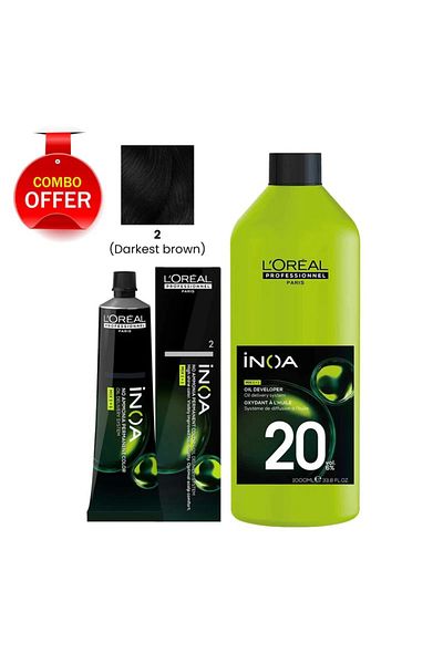 L'oreal Professionnel LOréal Professionnel INOA 2 Darkest Brown Hair Color & 20 Vol Oxidant Cream Developer 1000ml Pack