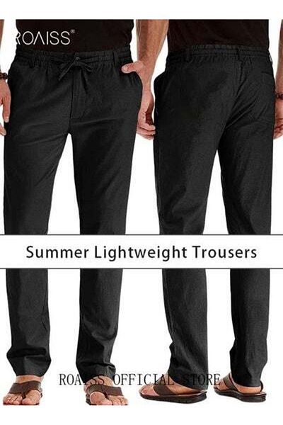 ROAISS Men's Casual Solid Color Pants Cotton Versatile Business Trousers Soft Mid-Rise Straight Long Pants