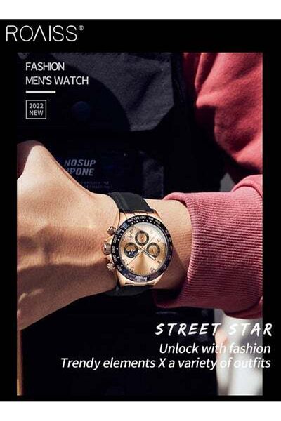 ROAISS Silicone Strap Chronograph Quartz Watches for Men Round Rose Gold Dial with Moon Phase