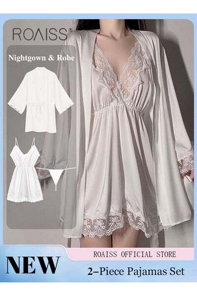ROAISS Women Pajamas with V-Neck Design Women Home Wear Set Same Color Outer Robe Lace Element Nightgown