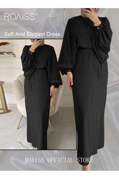 ROAISS Abaya with Belt for Women Ladies Long Sleeve Dress Lantern Sleeve Tunic Round Neck Elegant Dress