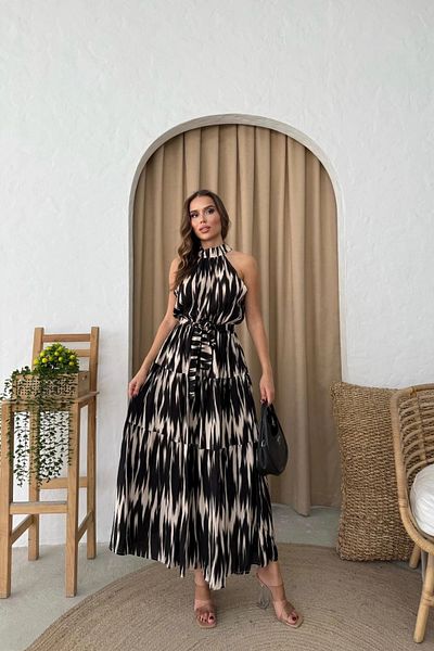 MOZENA Halter Neckline Patterned Long Dress with Waist Belt
