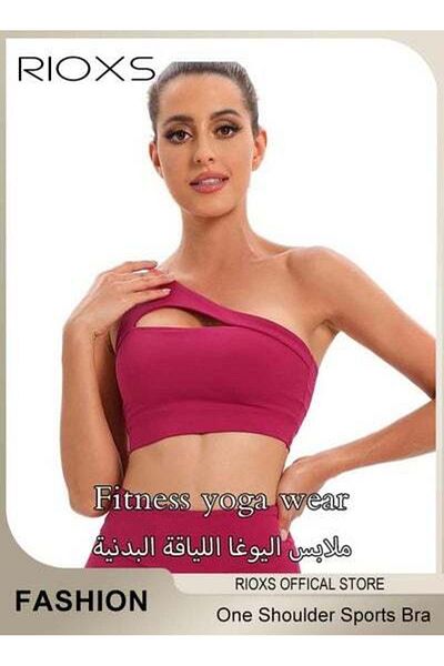 RIOXS Women's One Shoulder Sports Bra Wireless Padded Yoga Bra Halter Style Medium Support Workout Bra