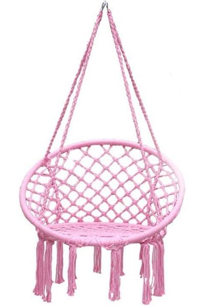 Türkiye Hammock Chair, Hanging Swing with Macrame and Cushion, Max 330 Lbs, Beige Hanging Cotton Rope Chair
