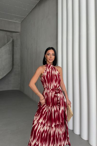MOZENA Halter Neckline Waist Belted Patterned Viscose Fabric Long Dress