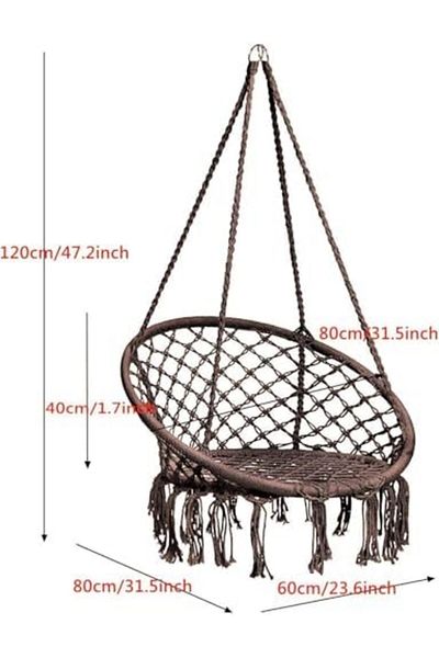 Türkiye Hammock Chair, Hanging Swing with Macrame and Cushion, Max 330 Lbs, Beige Hanging Cotton Rope Chair